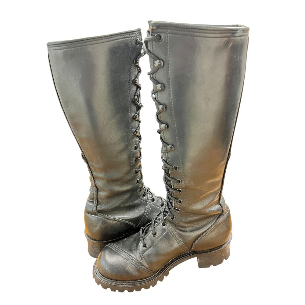 Rare Vintage FRYE Campus Lug Lace Up Boots Sz 9 Black Leather Knee High 90s Goth - Picture 7 of 10